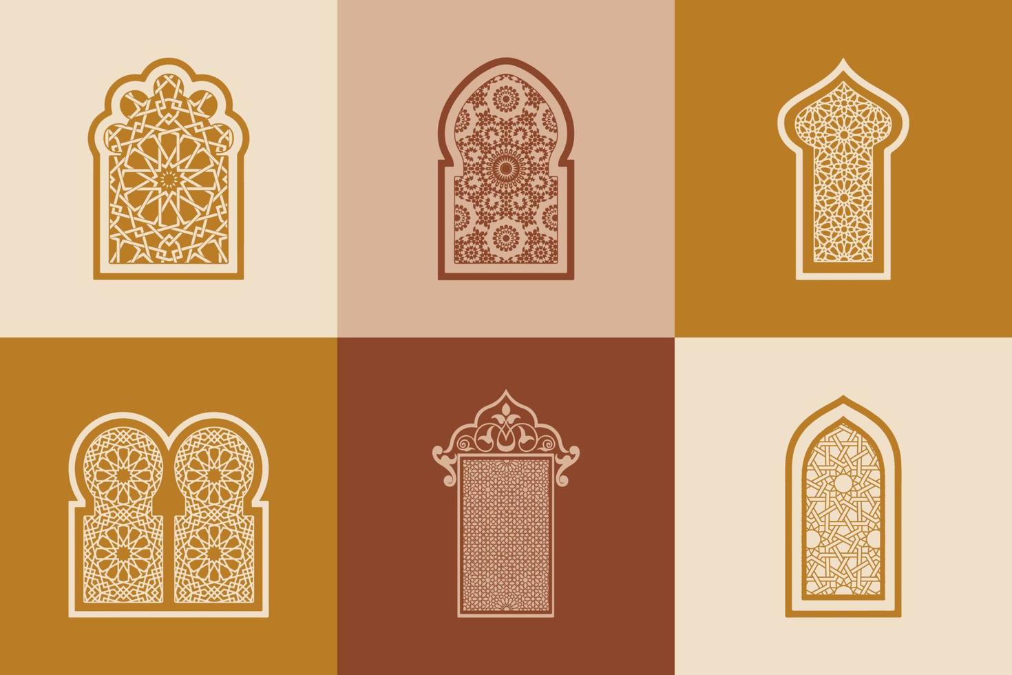 Set of ornamental islamic arabesque windows. Arabic traditional architecture Geometric Pattern. Set of decorative vector panels or screens for laser cutting. Template for interior decor style.