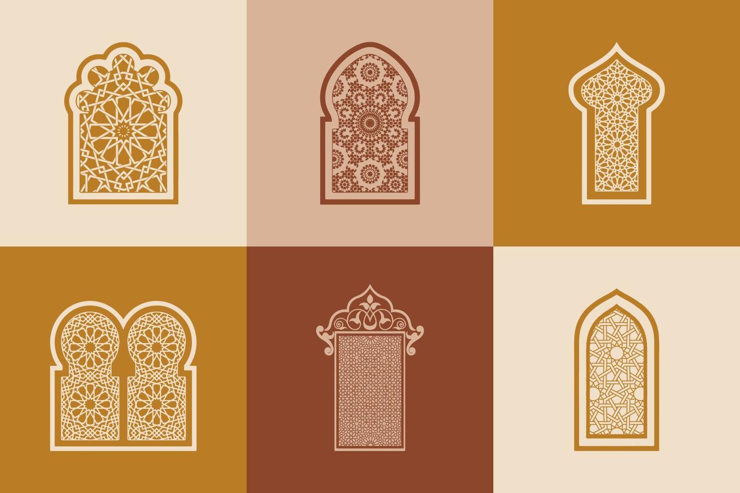 Set of ornamental islamic arabesque windows. Arabic traditional architecture Geometric Pattern. Set of decorative vector panels or screens for laser cutting. Template for interior decor style.