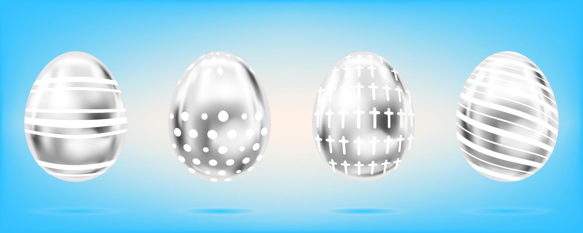 Four silver eggs on the sky blue background. Isolated objects for Easter. Cross, dots and stripes ornate vector
