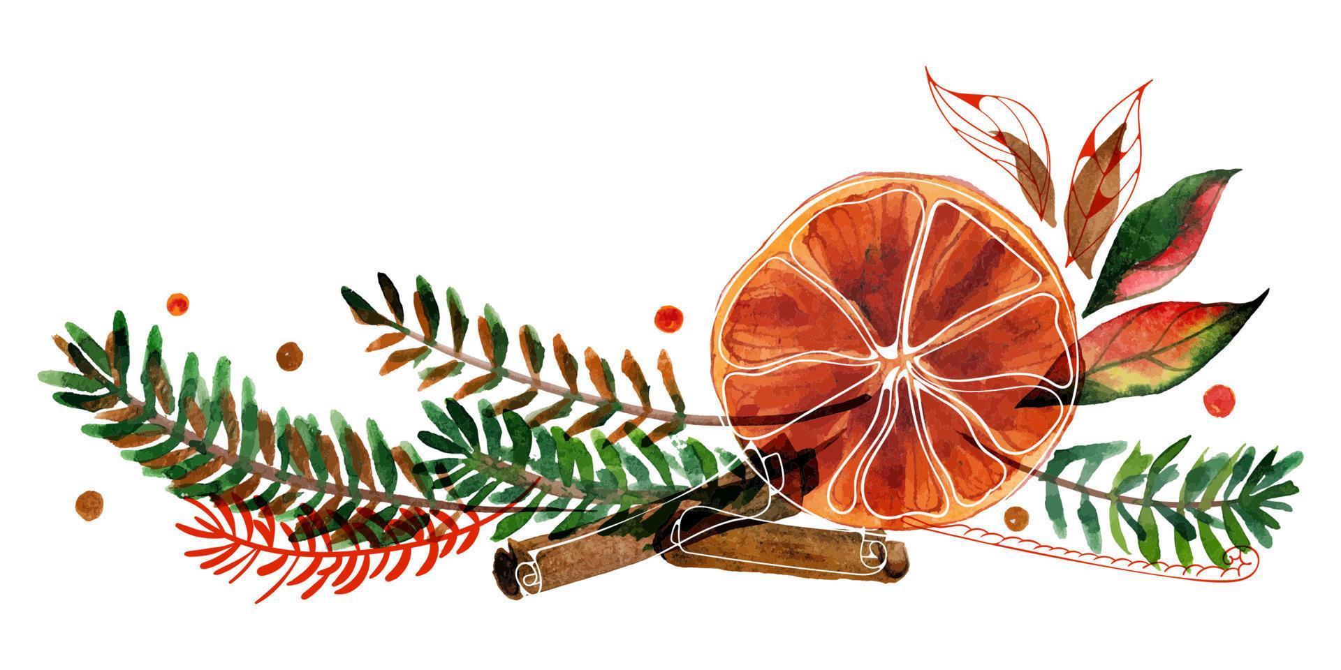 Christmas traced watercolor composition with ale and orange and cinnamon vector