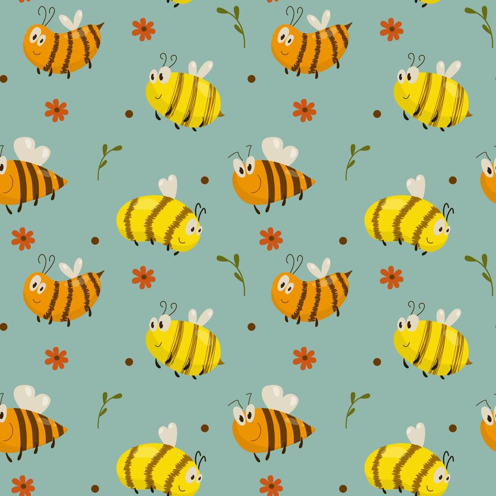 Vector pattern with bees and flowers on a blue background