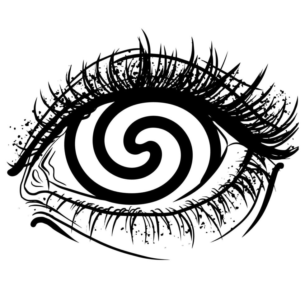Realistic human eye with spiral hypnotic iris vector graphic illustration. Close-up black drawing hypnosis eyeball with lashes isolated on white background. Optical illusion concept