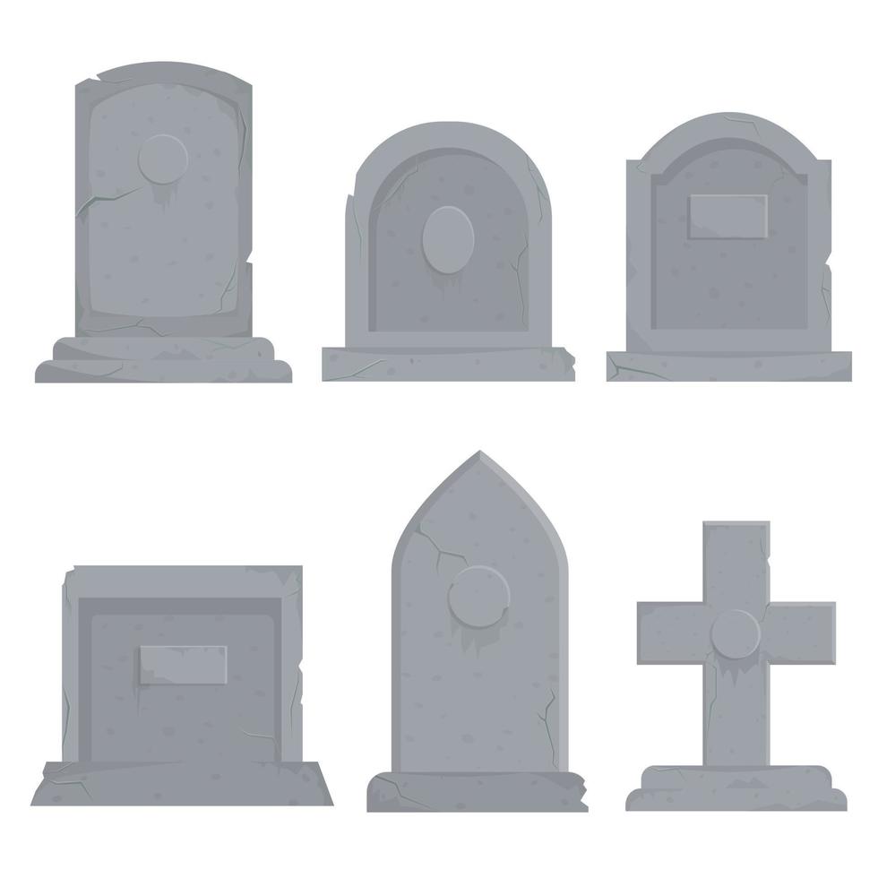 colección de diferentes ilustraciones gráficas vectoriales de varias lápidas. conjunto de decoración de tumba gris de dibujos animados aislado sobre fondo blanco. concepto de diseño de ceremonia funeraria vector