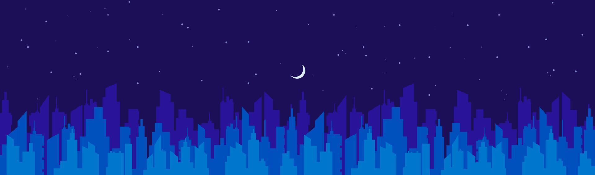 ciudad arquitectura paisaje noche. siluetas de rascacielos azules contra el cielo oscuro de fondo con estrellas y luna vectorial. vector