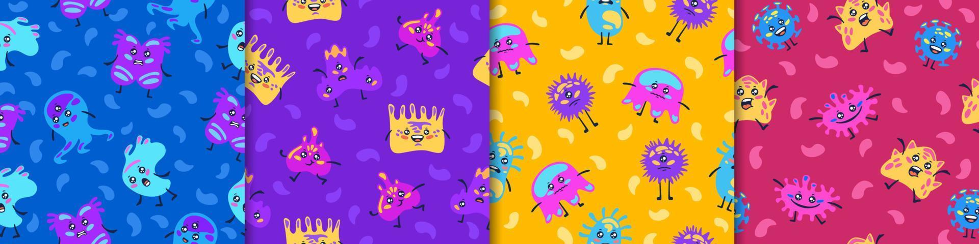 Bacteria and viruses seamless pattern. Cartoon pathogens in blue and red microorganisms causing epidemics. vector