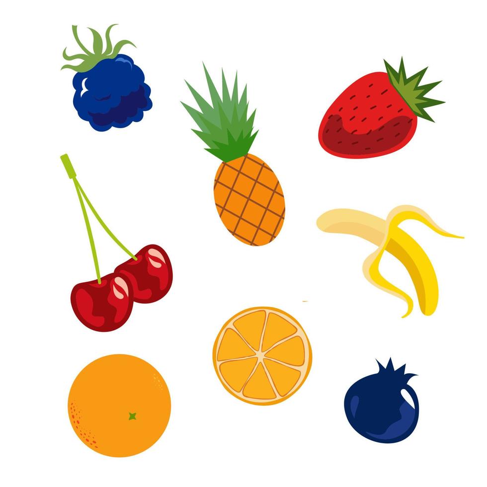 Juicy fruits. Red ripe cherry with blue ripe blueberries and yellow peeled banana yellow orange. vector
