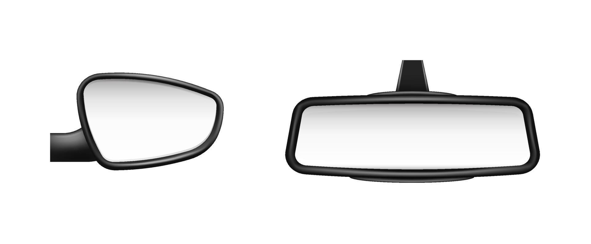 Car side and rear view mirrors template. Blank mirrored objects with black frame to view road and pedestrians safety symbol on vector highway.