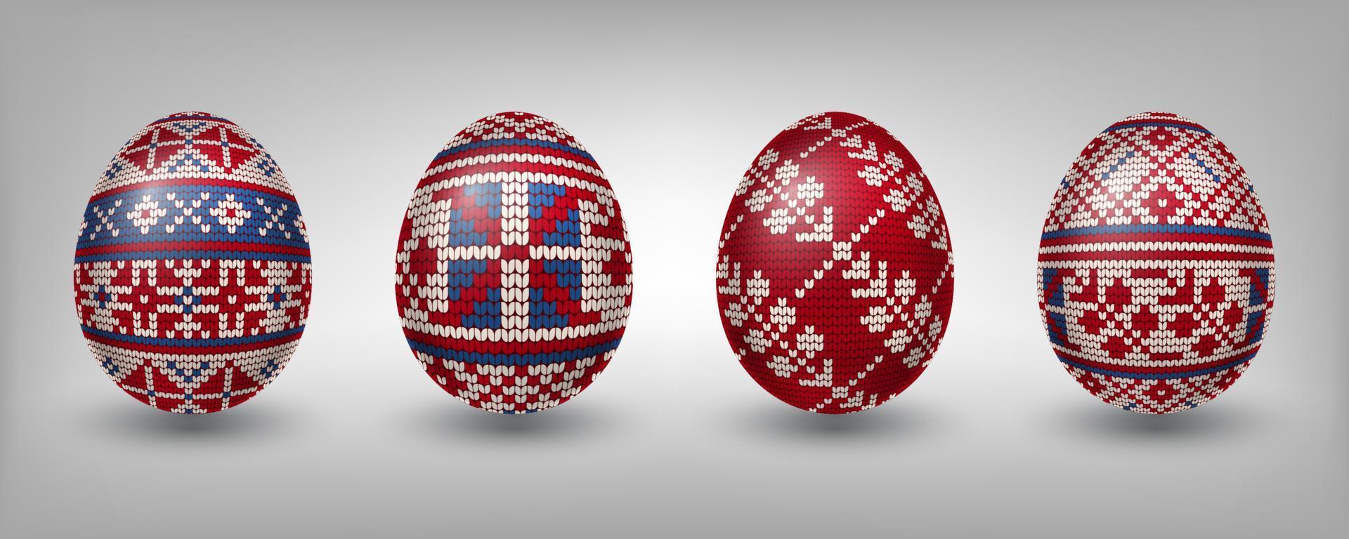 Paschal eggs decorated with red knitting patterns vector