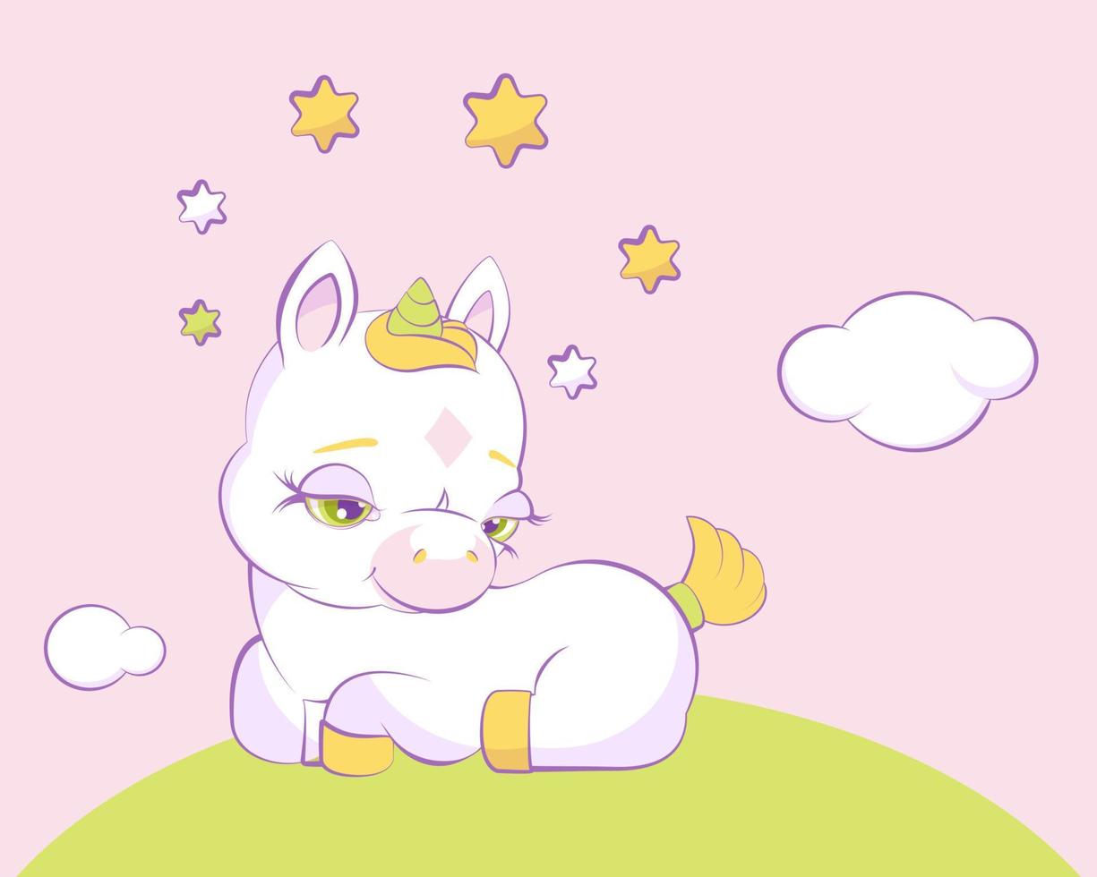 lindo pequeño unicornio con una corona de estrellas vector