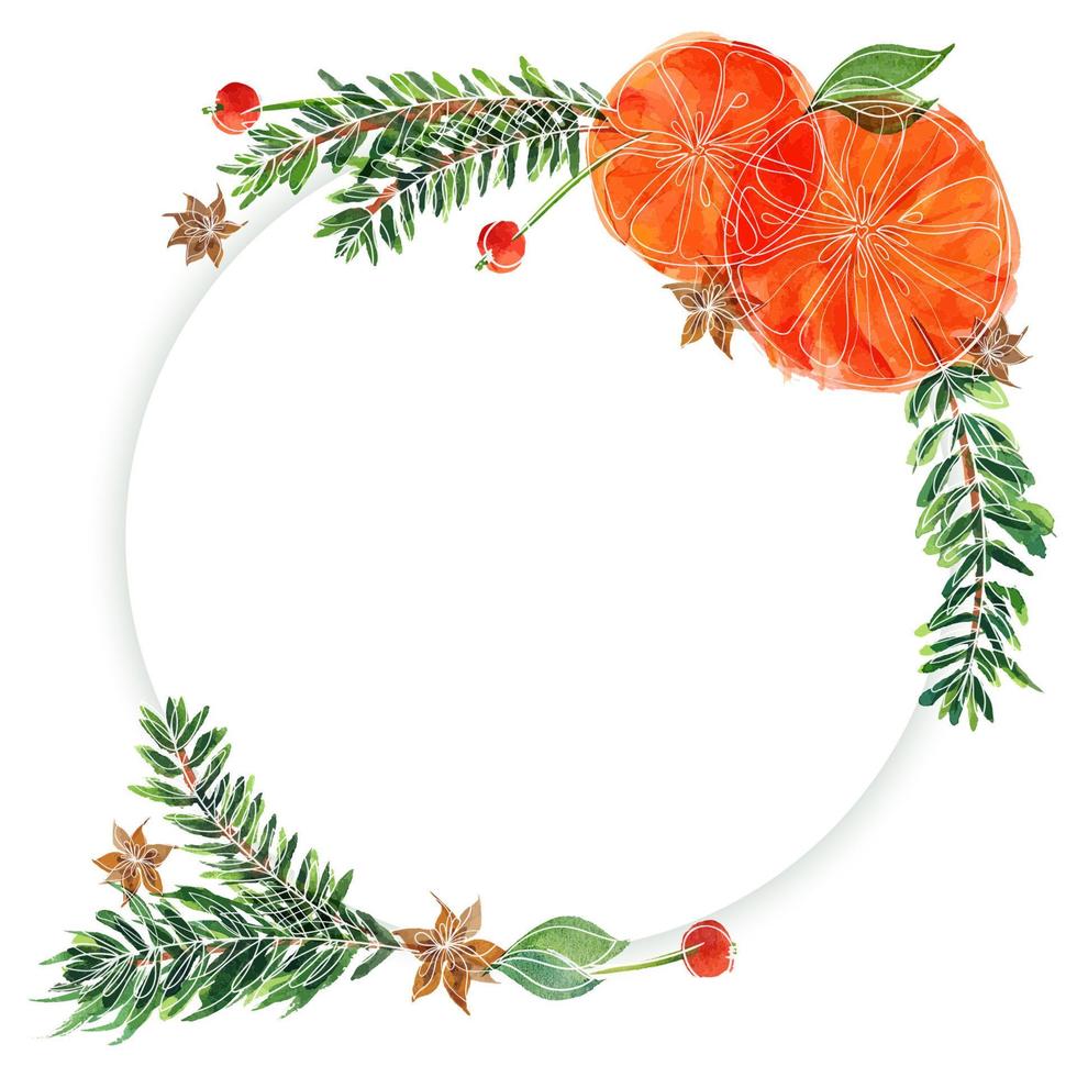 Christmas floral round frame with fir-tree and oranges vector