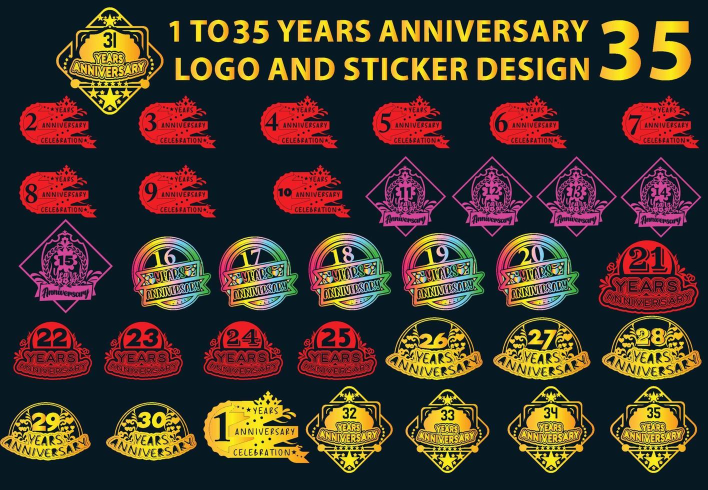 conjuntos de diseño de logotipo y pegatina de aniversario vector