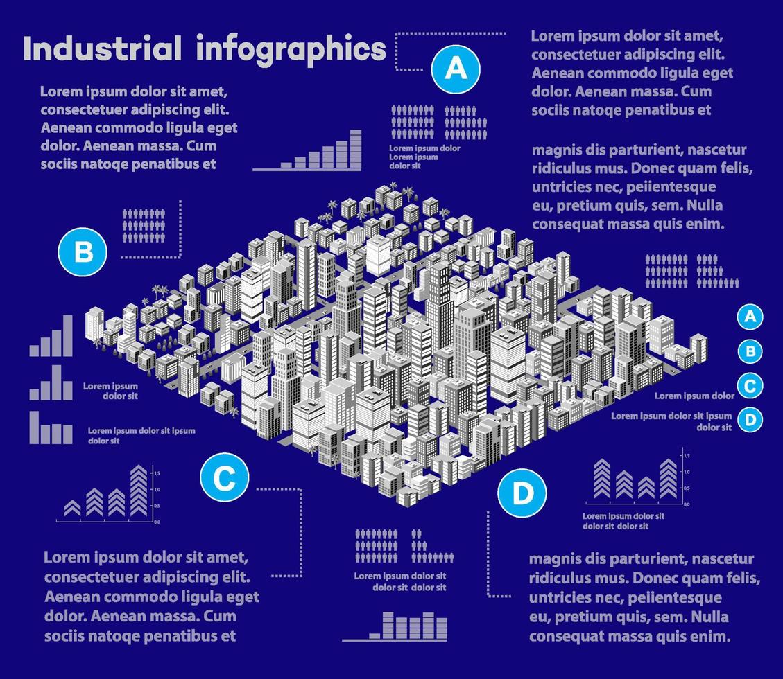 City isometric industrial factory infographics there are diagram, building, road, plant, transportation and works in the area of the town with business conceptual graphs and symbols 3D illustration vector
