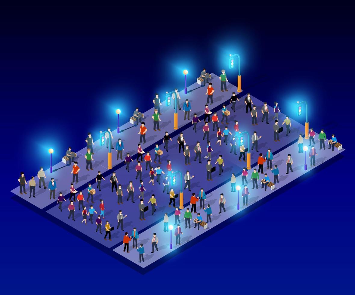 Night city with lantern lights Isometric people walking on the street cross the road at a pedestrian crossing 3D illustration vector