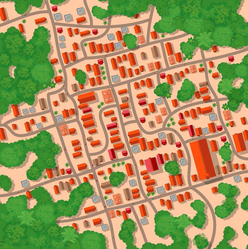 Top view landscape with rooftops, fields, forests and trees city streets, and houses. vector