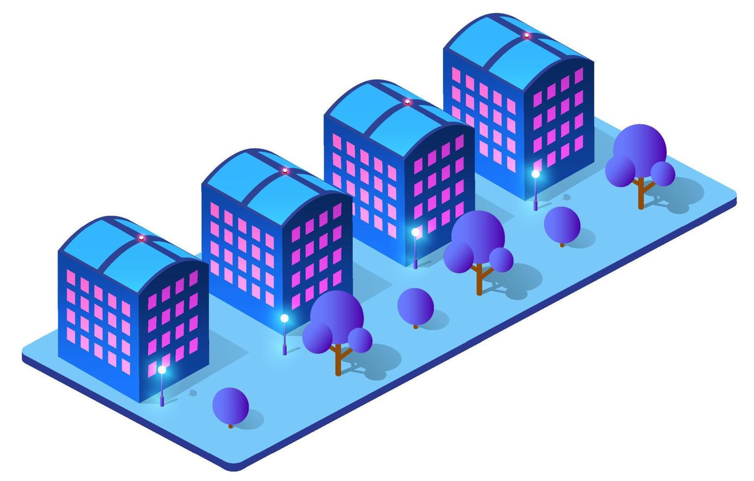 ciudad ultravioleta azul inteligente isométrica nocturna en la noche con luces. la ciudad del futuro es futurista con rascacielos, faroles, calles y casas. ilustración 3d vector