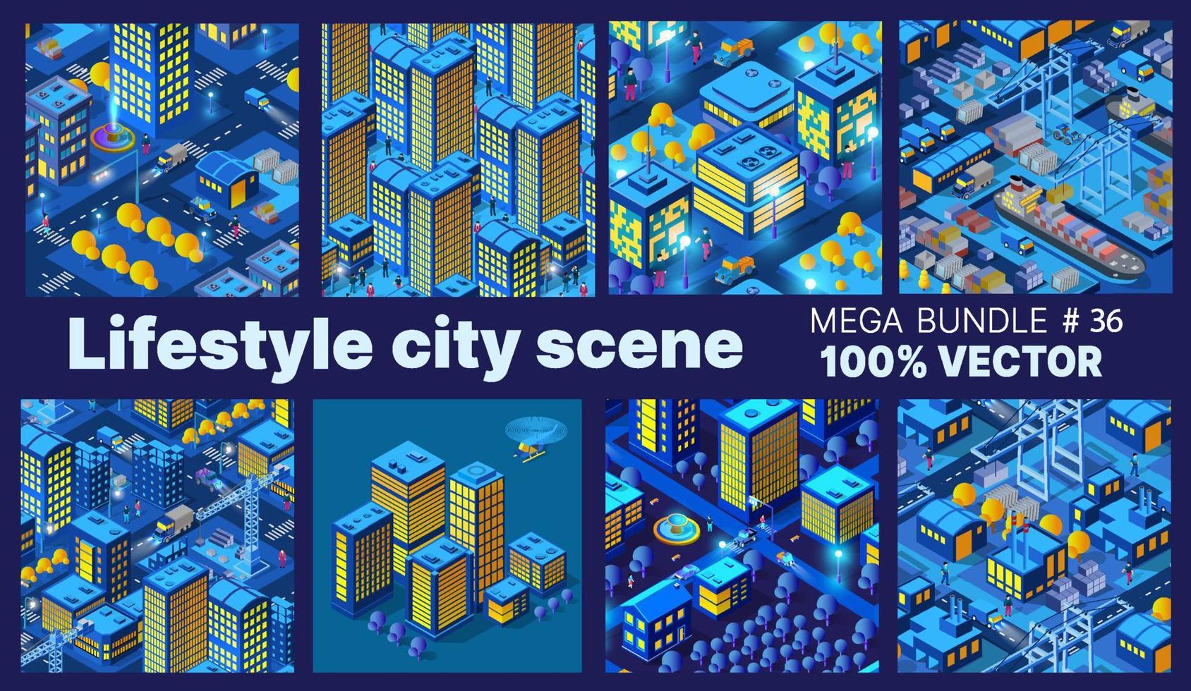 Lifestyle set city people background 3D illustration future neon ultraviolet of urban infrastructure isometric buildings. vector