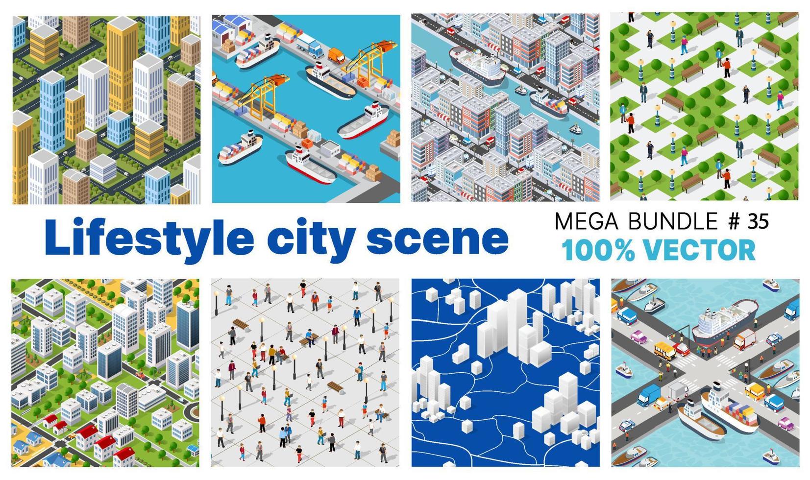 la escena del estilo de vida de la ciudad establece una ilustración 3d sobre temas urbanos con casas, camiones, personas, árboles y parques. vector