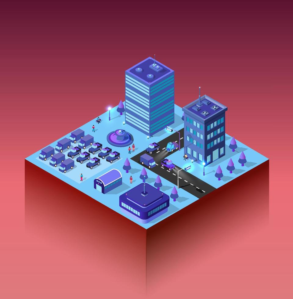 Module quarter area of the smart city night ultraviolet blue colors of fashionable design. vector