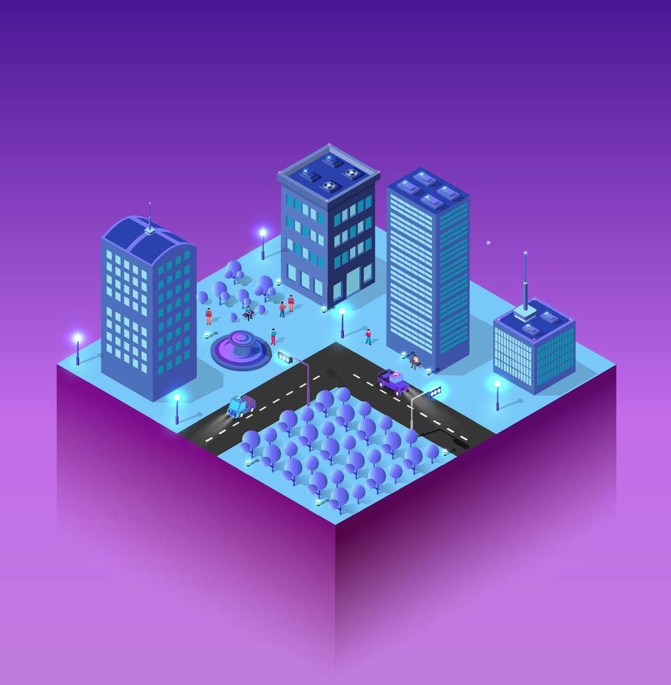 Module quarter area of the smart city night ultraviolet blue colors of fashionable design. vector