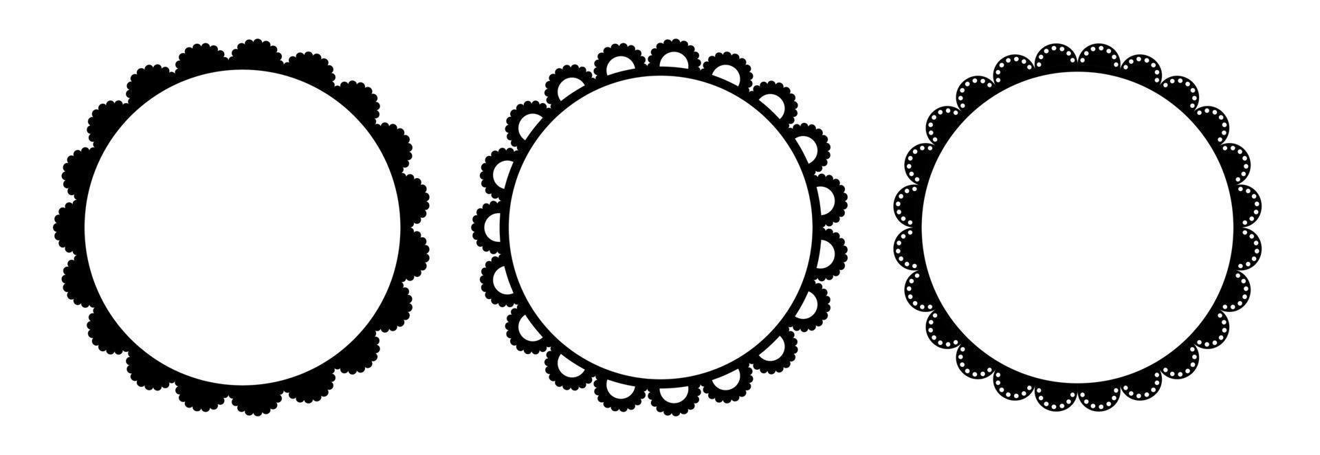 Scalloped edge round strokes set. Simple circle scalloped border. Fabric laces silhouette frame. Repeat cute vintage frill ornament. Texture ribbons. Vector illustration isolated on white background