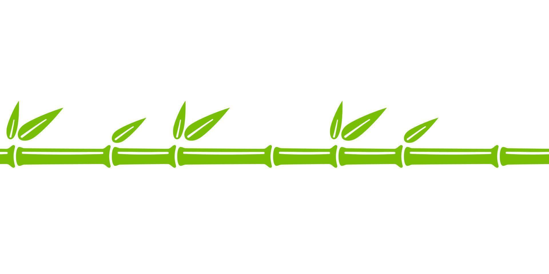 Green bamboo trunk seamless line. Bamboo branch border with leaves. Vector illustration isolated in flat style on white background