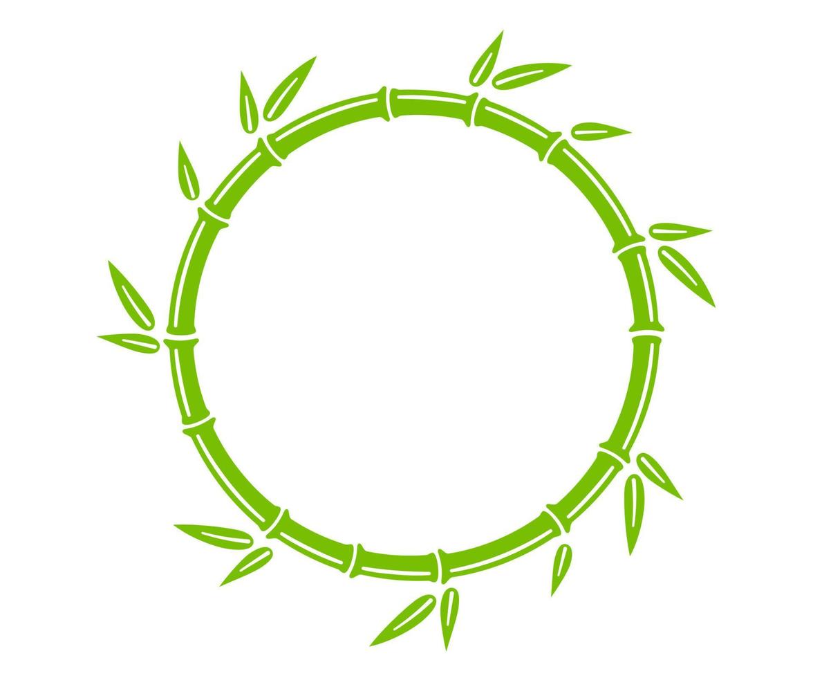 Green bamboo trunk circle frame. Natural round text box. Bamboo branch border with leaves. Blank frame template. Vector illustration isolated in flat style on white background