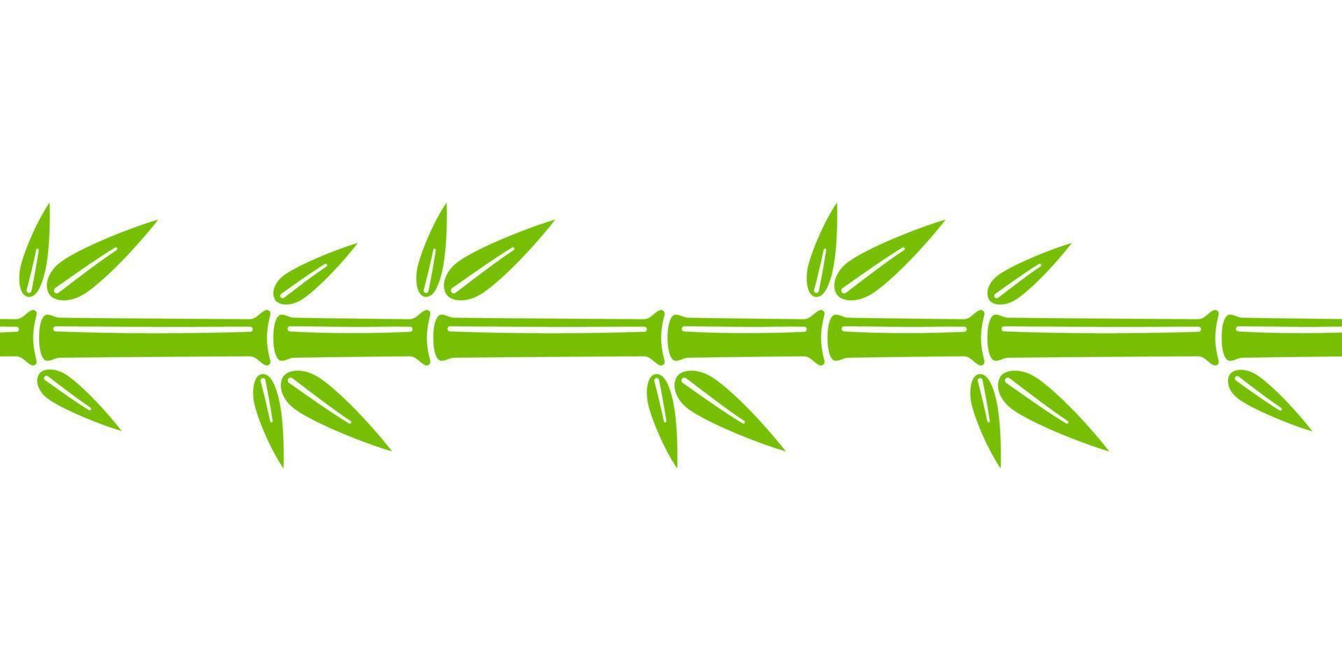 Green bamboo trunk seamless line. Bamboo branch border with leaves. Vector illustration isolated in flat style on white background