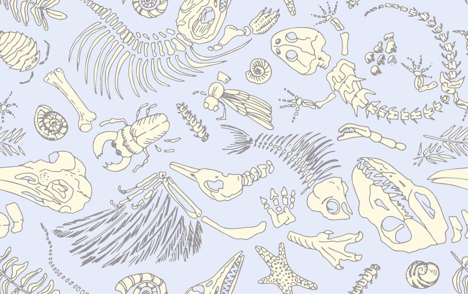 el contorno de línea aislado imprime esqueletos de animales prehistóricos, insectos y plantas. arte dibujado a mano realista de patrones sin fisuras. ilustración vectorial vector