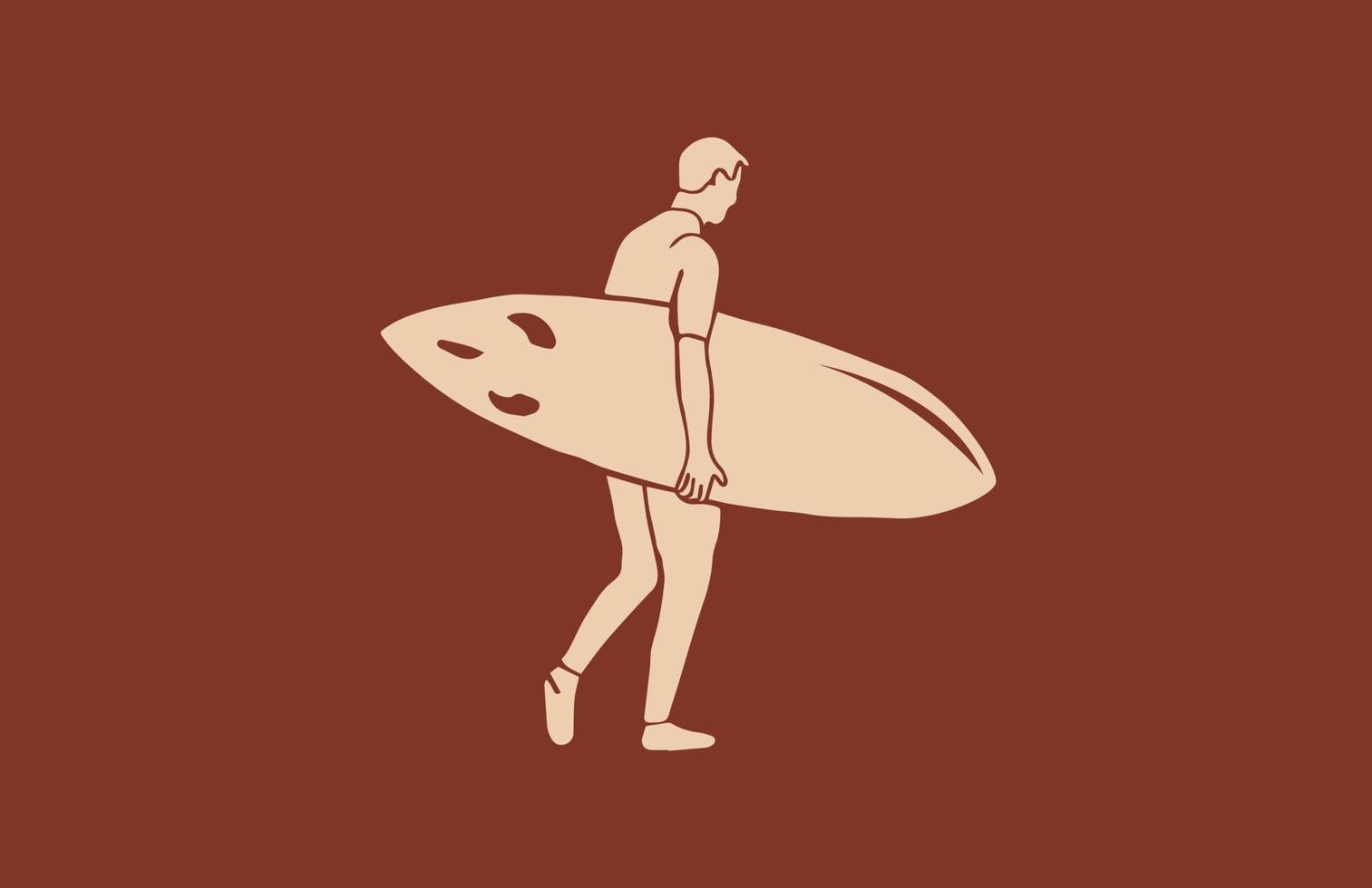 hombre dibujado a mano que lleva una tabla de surf estilo vintage vector.eps vector