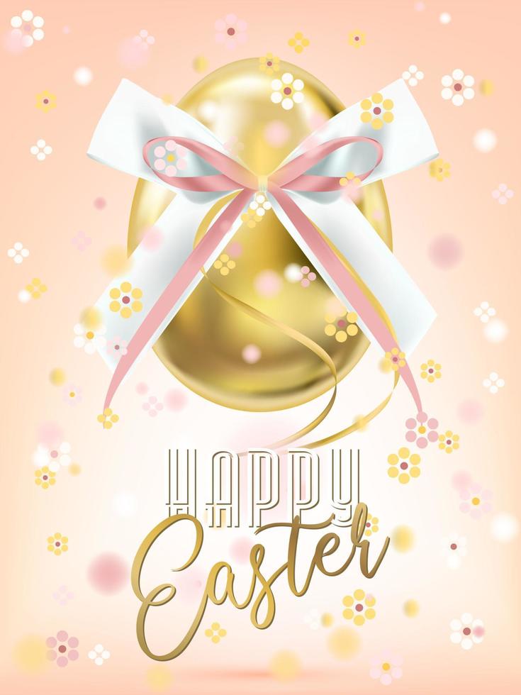 Easter golden egg with silk bow in floral confetti vector