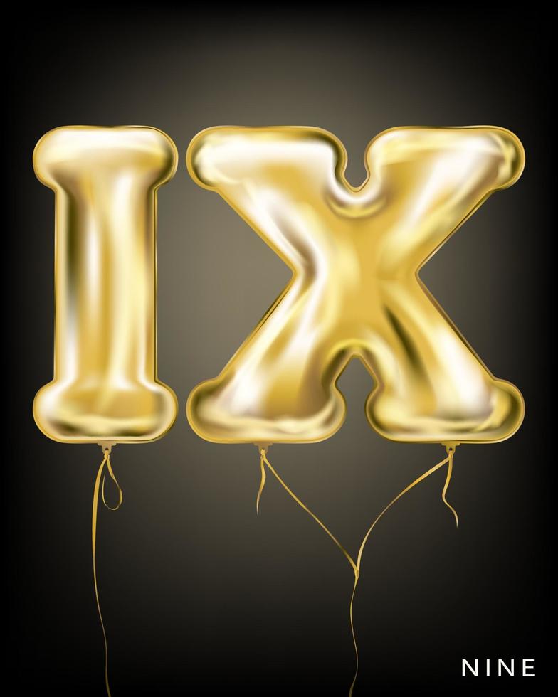 Roman 9 number, gold foil balloon IX form on the black background vector