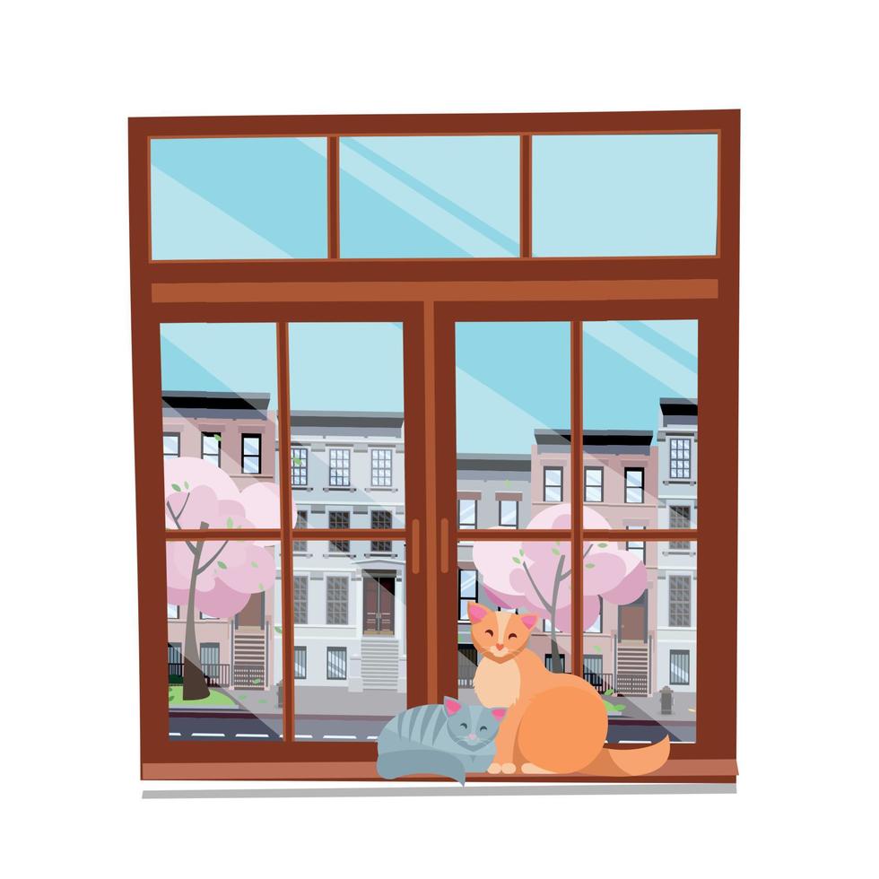 vista de primavera desde la ventana. ventana de madera marrón cerrada con vistas al paisaje urbano y árboles florecientes. un par de gatos enamorados en el alféizar de la ventana. ilustración de vector de estilo de dibujos animados plana sobre fondo blanco