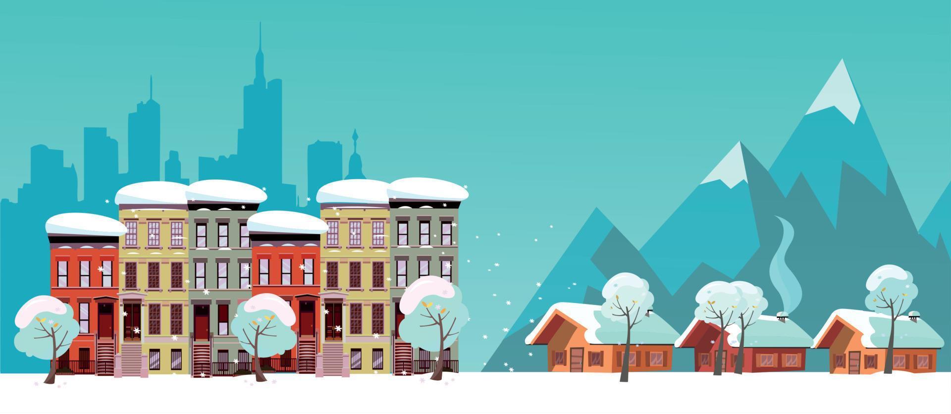 Winter Urban and Countryside Landscape. City Village Real Estate. Citiscape vs suburb. Urban landscape with three-story houses and suburb with private houses on background mountains. vector