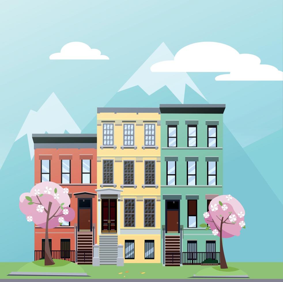 Flat cartoon style vector illustration of spring city street with mountains.