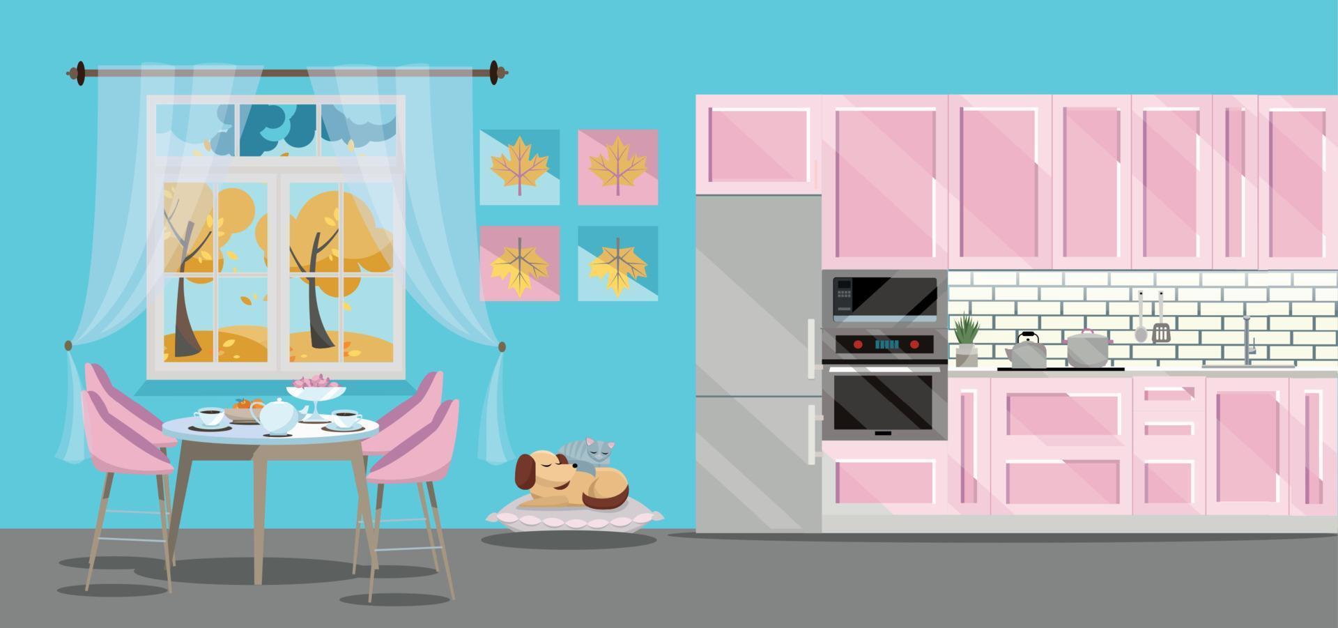 juego de cocina de ilustración plana de color rosa sobre fondo azul con gato perro ang accesorios de cocina- nevera, horno, microondas. mesa de comedor junto a la ventana con té y tetera. fuera de la ventana es otoño. vector