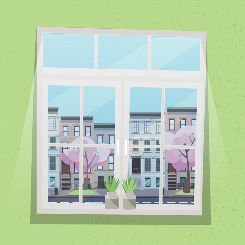 Window with view of houses on street with road in town, pink trees in blossom. Spring interior with plants and textured light green wallpaper. Sunny weather outside. Flat cartoon vector illustration.