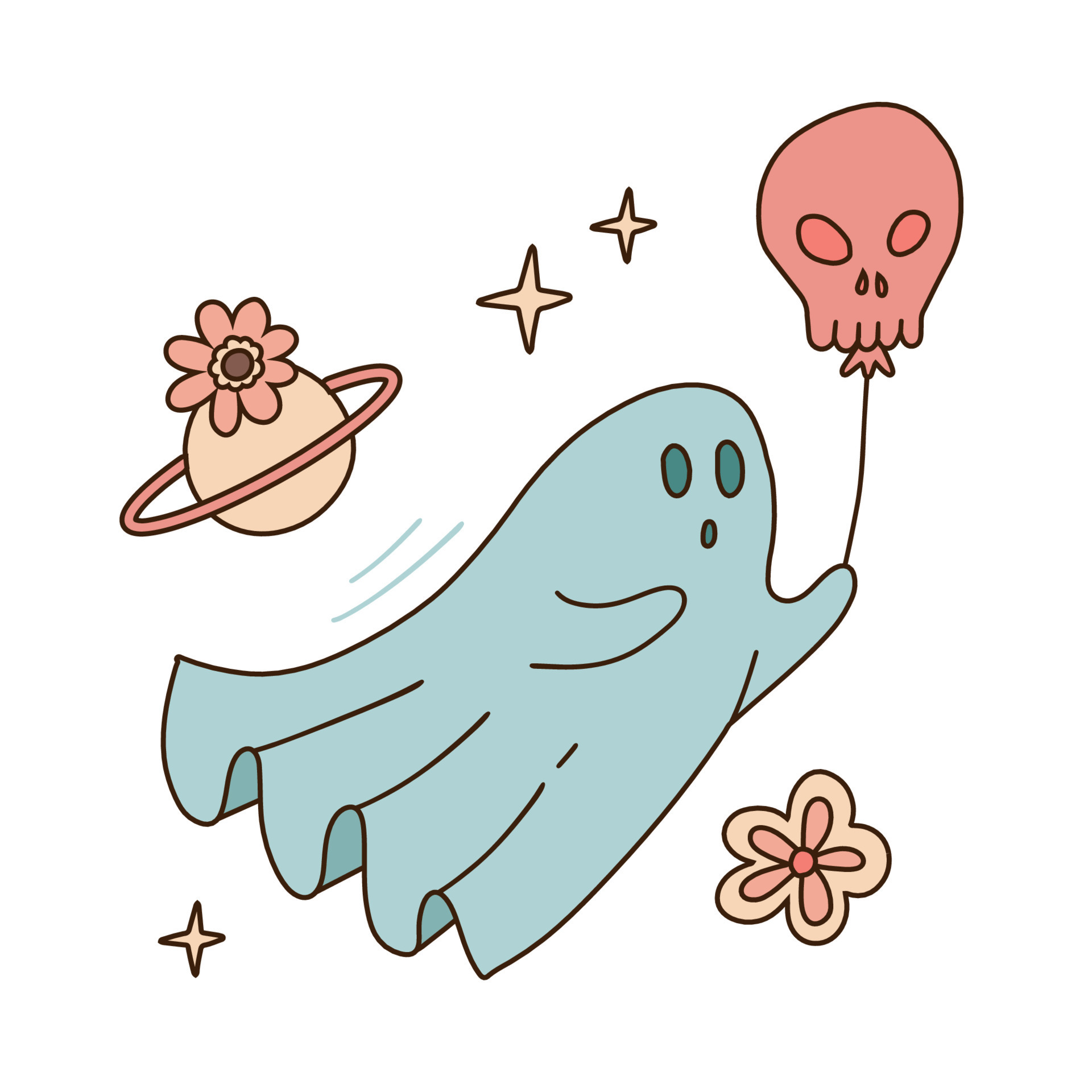 Floral spooky ghost in white sheet holding skull balloon isolated on ...