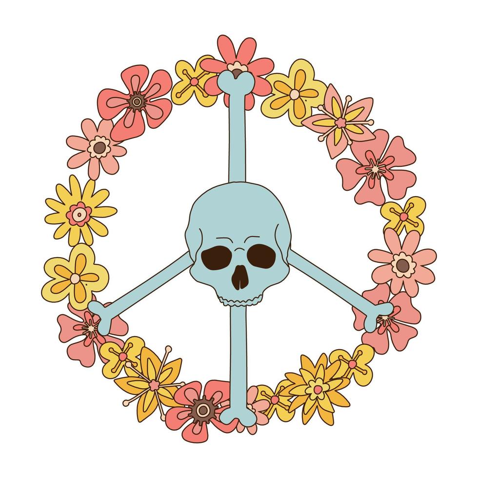 esqueleto de halloween signo de paz hecho de hippie groovy scull huesudo y corona floral de margarita. concepto boho de la caja del cerebro del poder de la flor. ilustración vectorial dibujada a mano estética lineal. vector