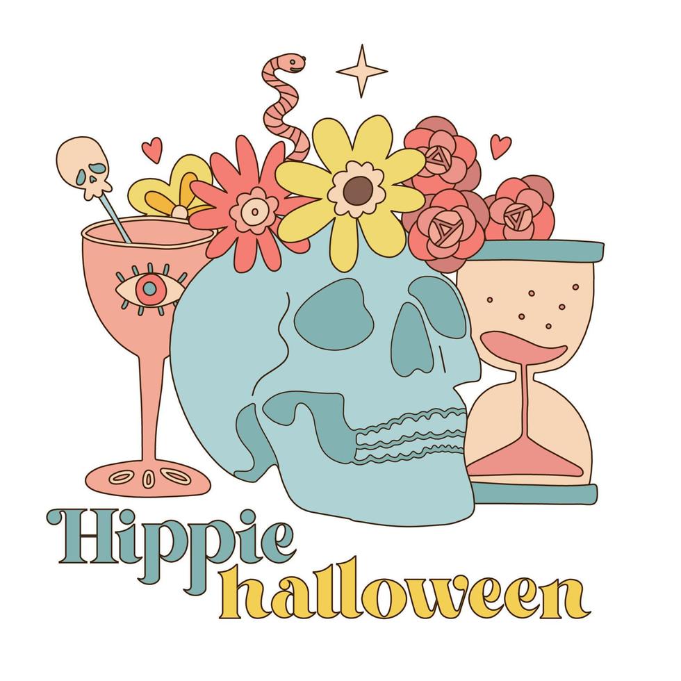 Human skull with flower wreath, magic goblet and hourglass. Los muertos concept in bohostyle. Retro 70s Halloween concept. Hippie dead head. Vector linear hand drawn illustration.