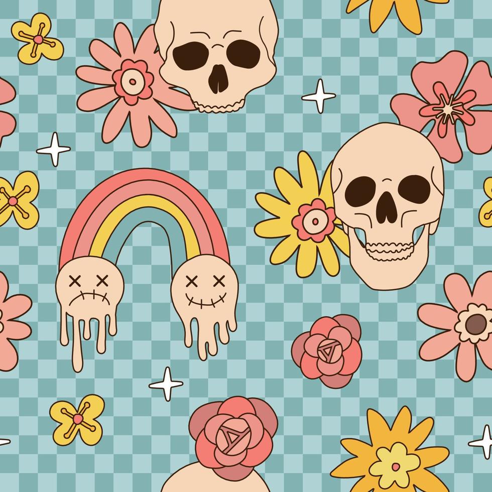 Halloween seamless pattern with Hippie Groovy Bony Scull with rainbow and Daisy Flowers. Boho aesthetic braincase checkered background. Autumn holiday floral surface Hand drawn vector design.