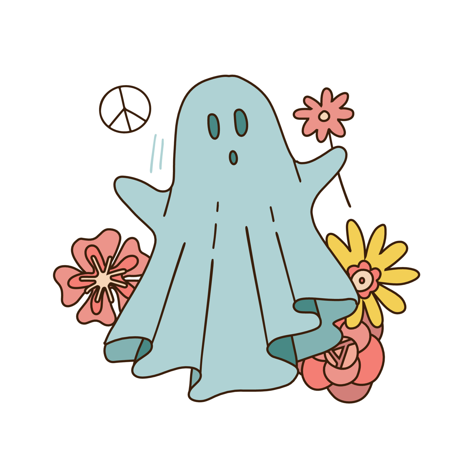 Retro 70s 60s Hippie Groovy Halloween Ghost in bedsheet holding flowers ...