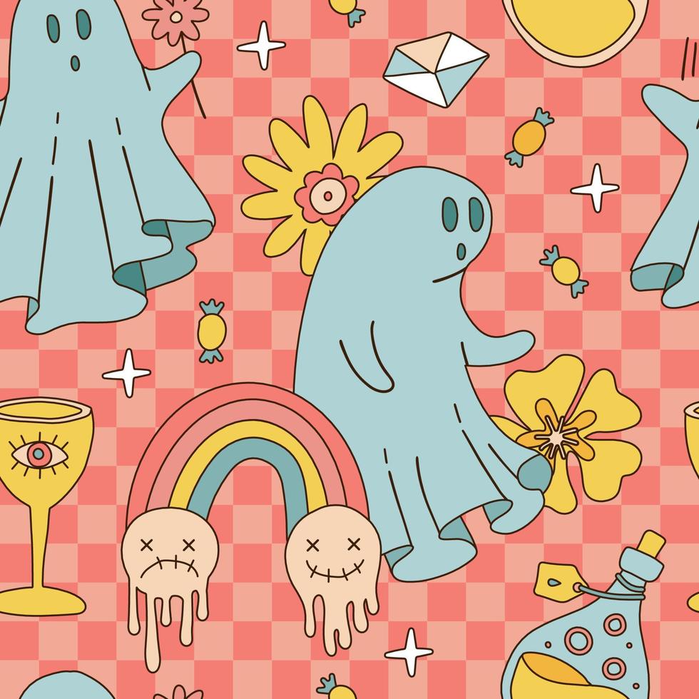 Retro 70s 60s Hippie Halloween seamless pattern with Ghost , Daisy Butterfly Flowers and potion flask Rainbow elements. Groovy Spook checkered background. Hand drawn contour vector illustration