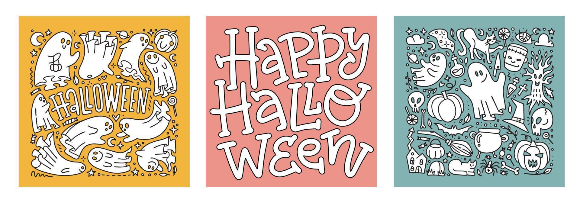 Set of Halloween doodle lettering cards with Ghost characters. Scary spook monsters, dead boo ghosts and cute funny boohoo spooky fly curious devil phantom in costume. Vector linear illustration.