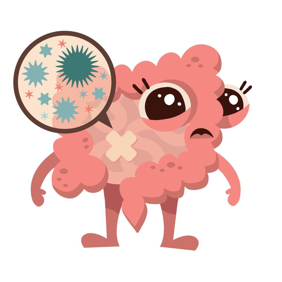 Microscopic bad bacterias. Human bad microflora, viruses in sick unhealthy Intestine character. Vector flat illustration icon cartoon mascot design. Human intestine microflora. Digestive tract