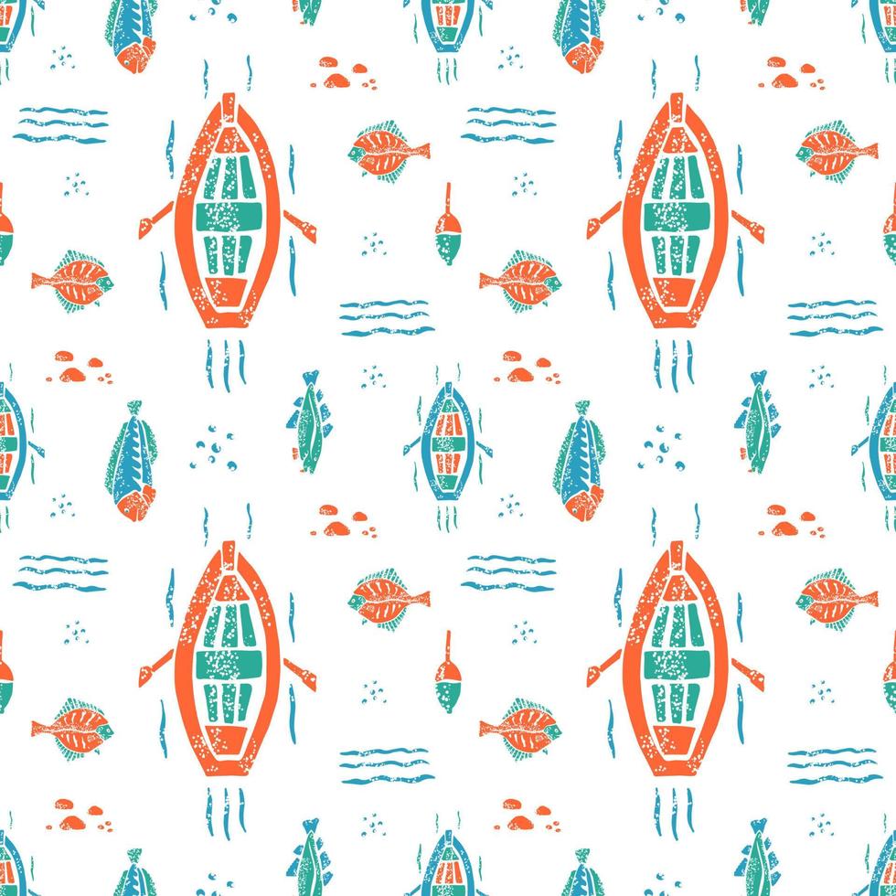 Fishing pattern in naive lino style vector