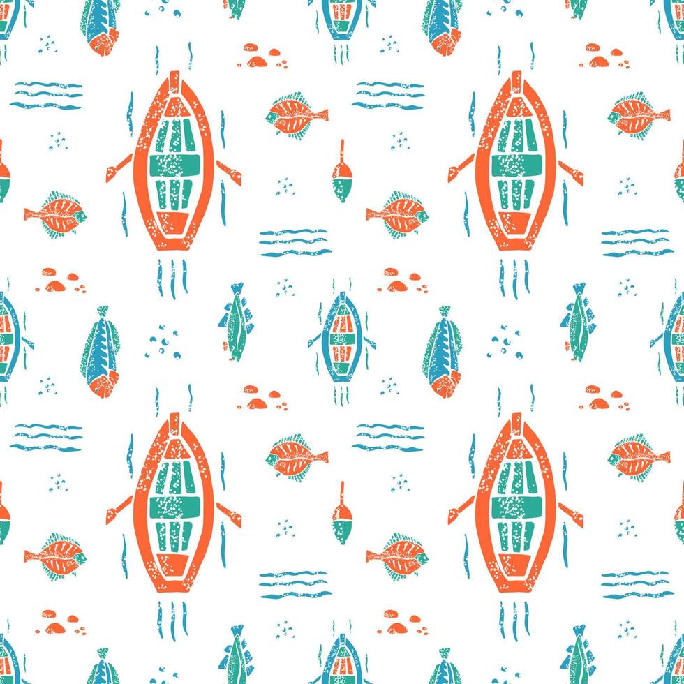 Fishing pattern in naive lino style vector