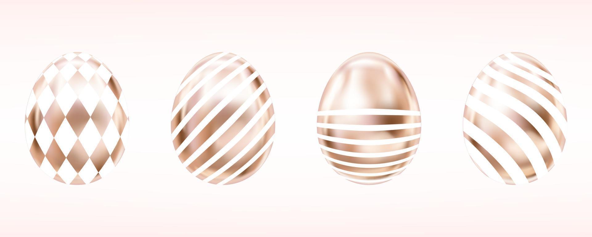 Four glance metallic eggs in pink color with white domino and stripes. Isolated objects for Easter vector