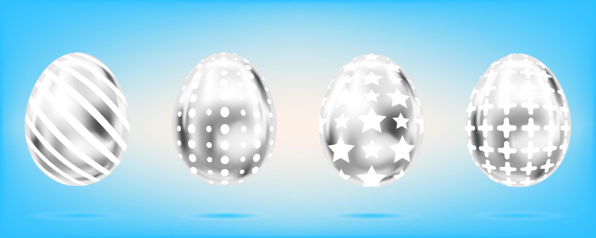 cuatro huevos de plata sobre el fondo azul cielo. objetos aislados para pascua. cruz, puntos, rayas y estrellas vector