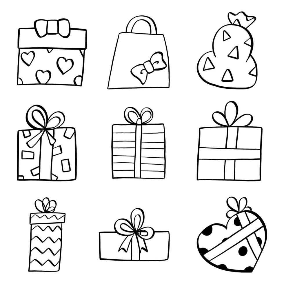 Black Line Doodle Gifts elements. Vector illustration about Christmas or Birthday.