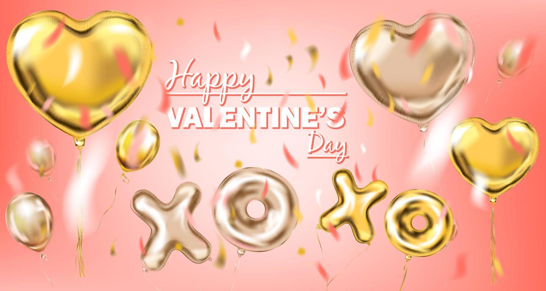 Happy Valentine and Pink Gold Foil Heart Shape Balloon, golden kiss and hug symbol vector